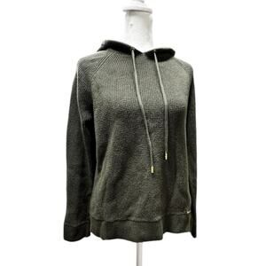 MICHAEL KORS Ivy Green Waffle Knit Hooded Sweater Top W/Gold Accents Large